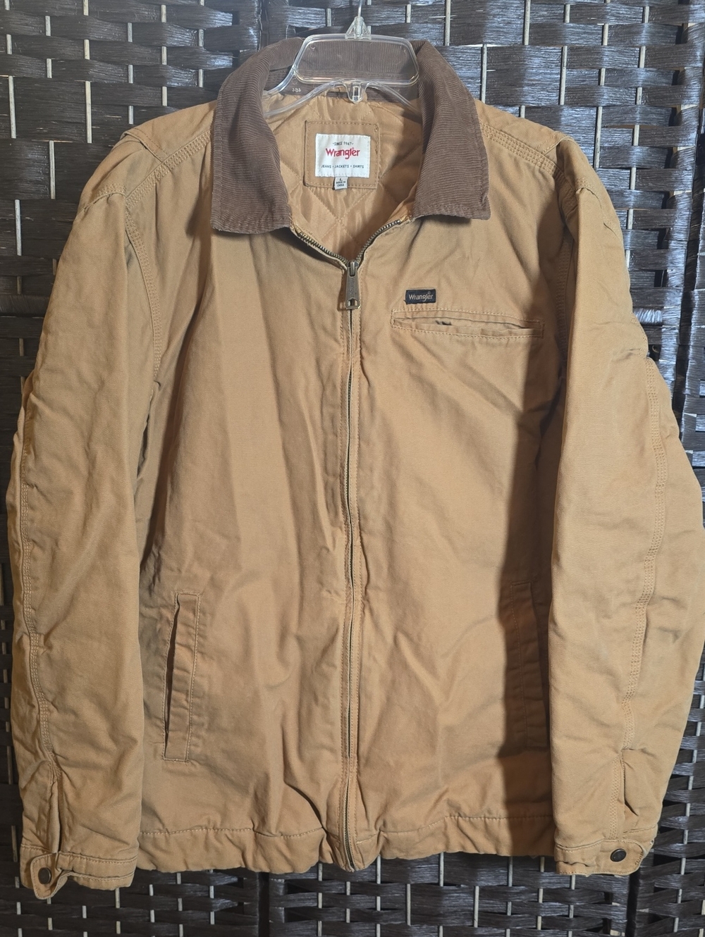 Wrangler Men's Canvas Work Jacket Tan Brown Corduroy Collar Quilted Lined L